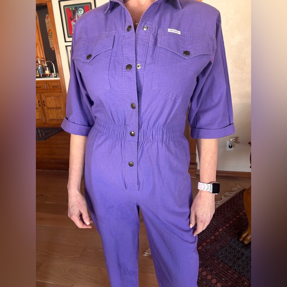 Vintage 1980s Purple Utility Jumpsuit ⚡ Snap Front / Elastic Waist - Picture 5 of 12
